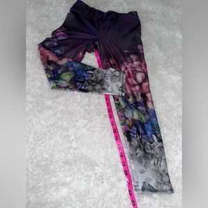 Evolution and Creation - gray, purple and rose floral print yoga leggings